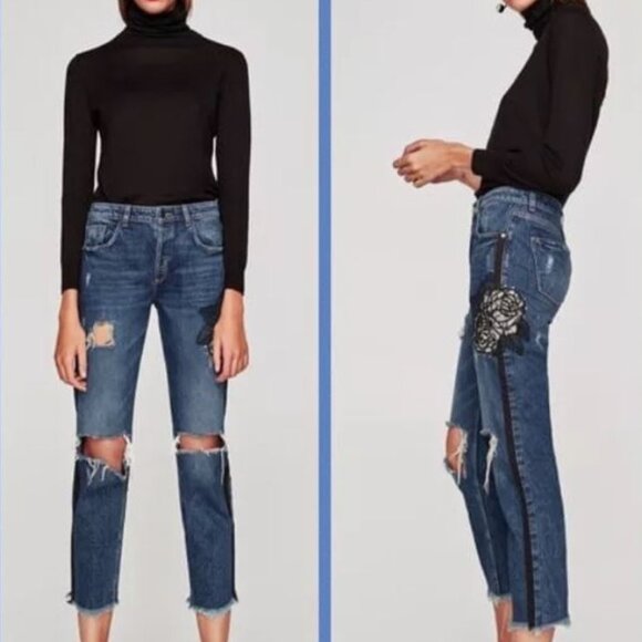 ✨NWT✨ ZARA trf High-Waist Distressed Jeans - Lace/Rhinestones/Pearls - Picture 1 of 16